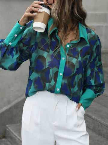 Privé Retro Color Block Chiffon Print Button Down Gigot Sleeve Blouse