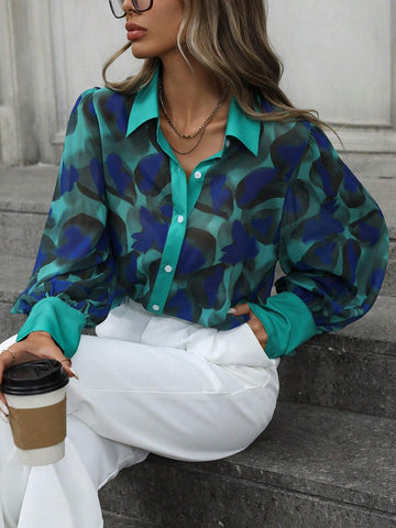 Privé Retro Color Block Chiffon Print Button Down Gigot Sleeve Blouse