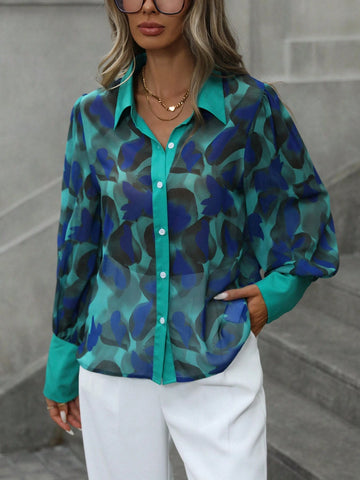 Privé Retro Color Block Chiffon Print Button Down Gigot Sleeve Blouse
