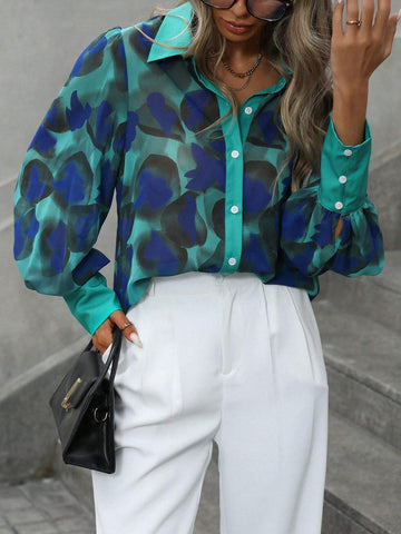 Privé Retro Color Block Chiffon Print Button Down Gigot Sleeve Blouse