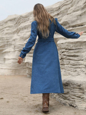 Retro Corduroy Collar Puff Sleeve Cinched Waist Long Sleeve A-Line Dress With Metal Buttons