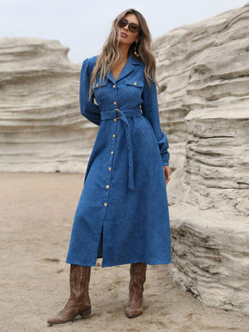 Retro Corduroy Collar Puff Sleeve Cinched Waist Long Sleeve A-Line Dress With Metal Buttons