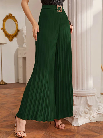 Privé Rhinestone Buckle Belted Wide Leg Pleated Pants