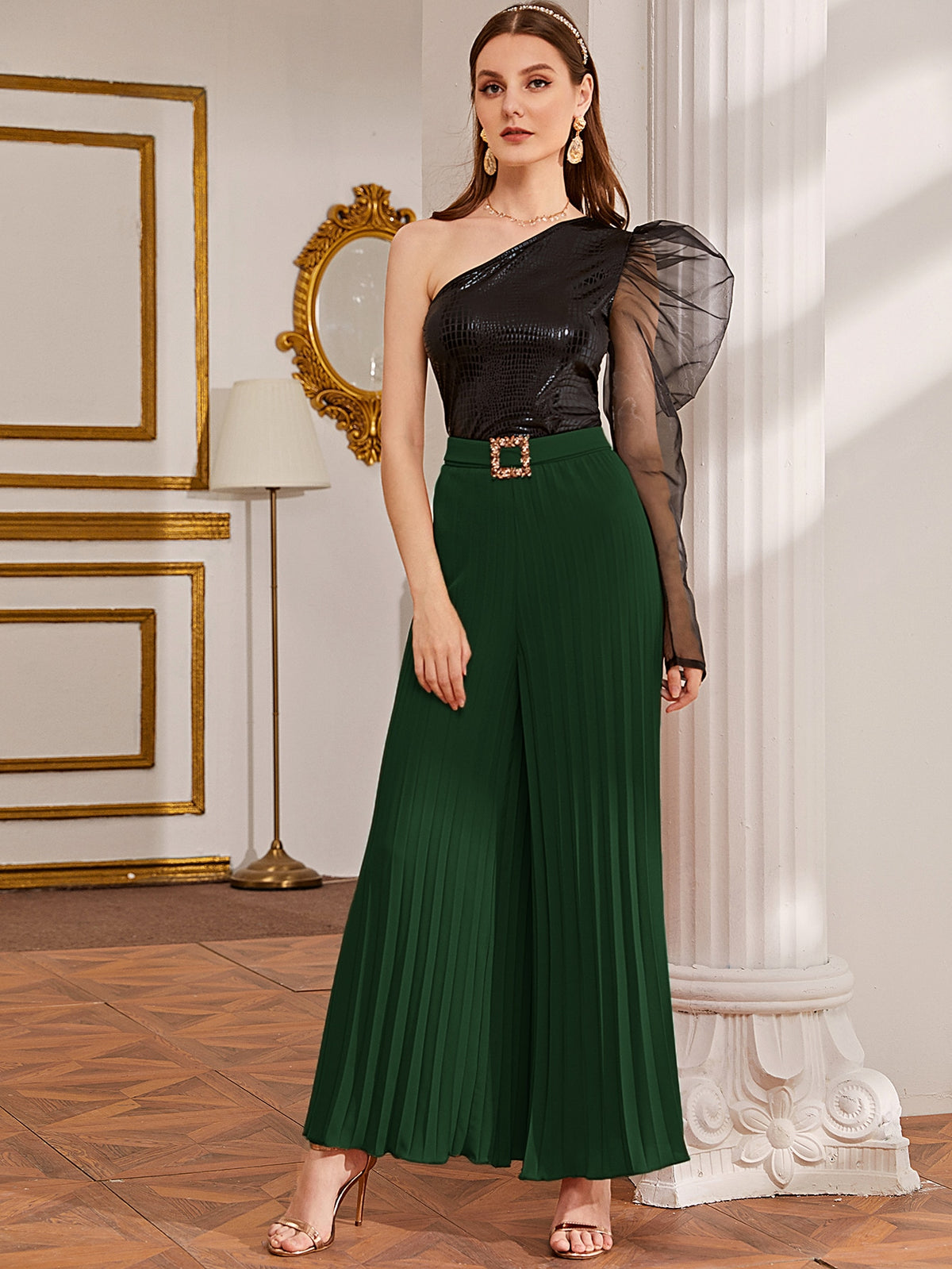 Privé Rhinestone Buckle Belted Wide Leg Pleated Pants