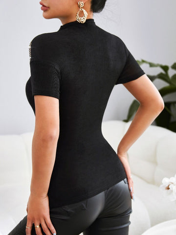 Rhinestone Decor Contrast Fishnet Tee