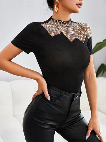 Rhinestone Decor Contrast Fishnet Tee