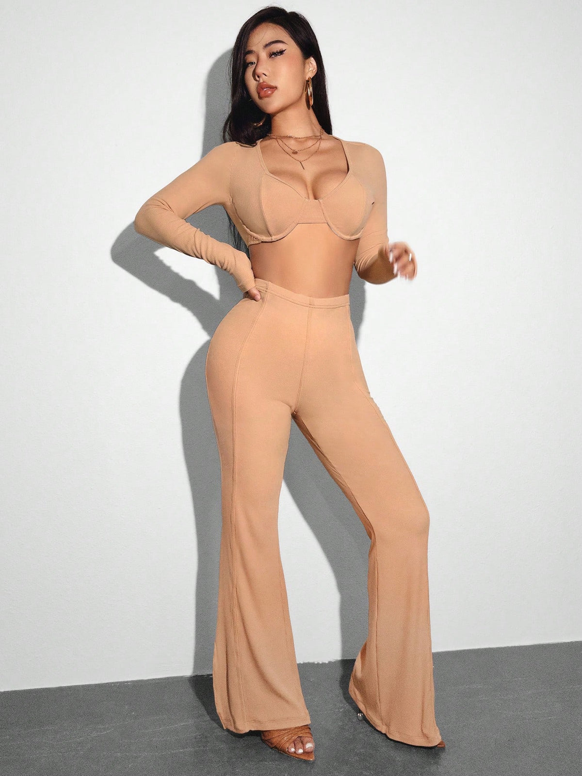 Ribbed Crop Top And Long Sleeve Pants Two Piece Set