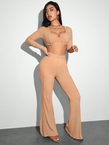 Ribbed Crop Top And Long Sleeve Pants Two Piece Set