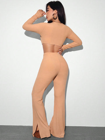 Ribbed Crop Top And Long Sleeve Pants Two Piece Set