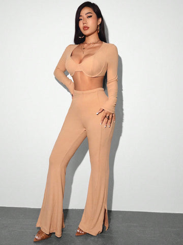 Ribbed Crop Top And Long Sleeve Pants Two Piece Set