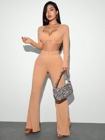 Ribbed Crop Top And Long Sleeve Pants Two Piece Set