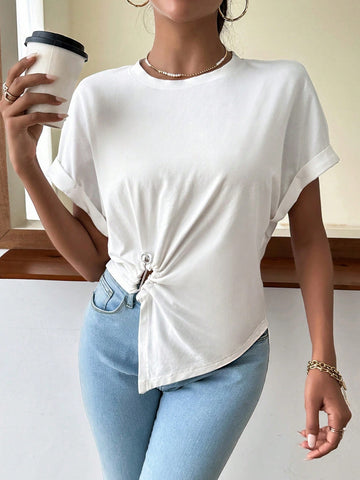 Ring Linked Asymmetrical Hem Batwing Sleeve Tee