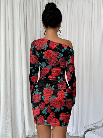 Rose Print Asymmetrical Neck Ruched Long Sleeve Dress
