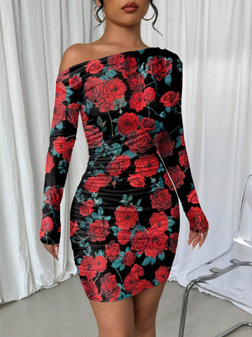 Rose Print Asymmetrical Neck Ruched Long Sleeve Dress