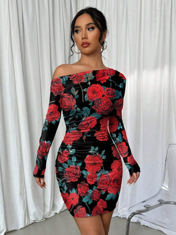 Rose Print Asymmetrical Neck Ruched Long Sleeve Dress