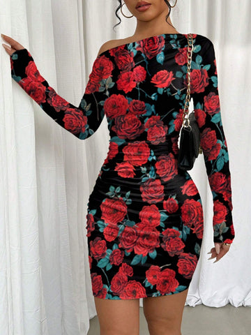 Rose Print Asymmetrical Neck Ruched Long Sleeve Dress