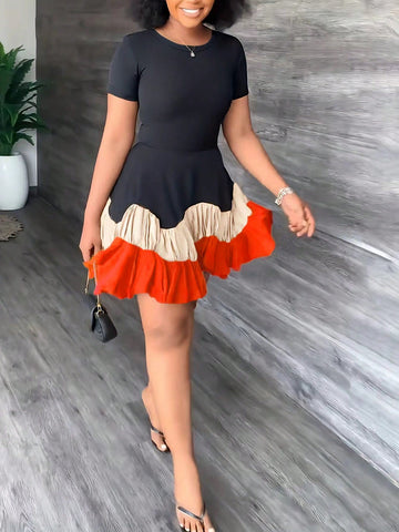 Round Neck Color Block Ruffle Trimmed Dres