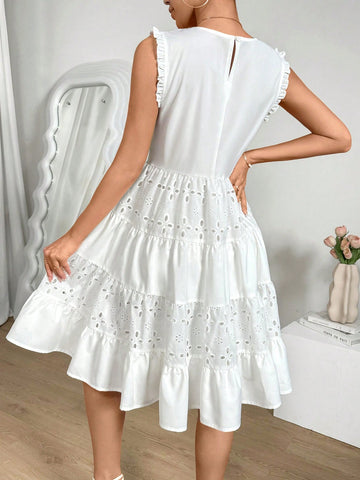 Round Neck Eyelet Embroidery Panel Dress