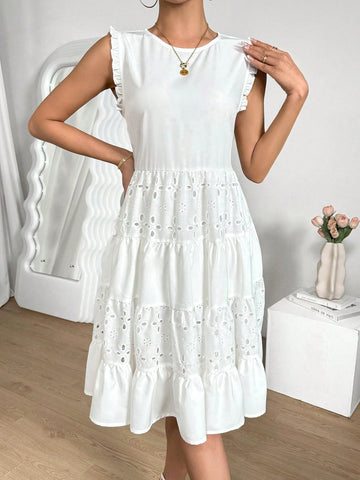 Round Neck Eyelet Embroidery Panel Dress