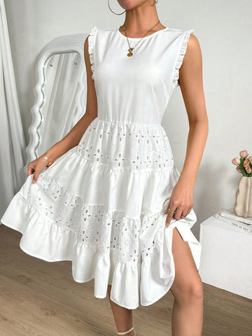 Round Neck Eyelet Embroidery Panel Dress