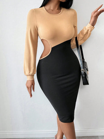 Round Neck Long Sleeve Solid Color Patchwork Hollow-Out Casual Loose Dress