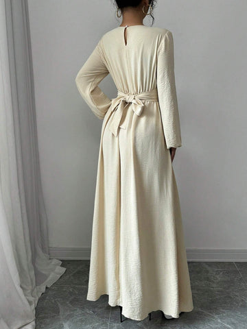 Round Neck Multi-Wear Cinched Waist A-Line Long Dress With Lantern Sleeves