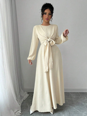 Round Neck Multi-Wear Cinched Waist A-Line Long Dress With Lantern Sleeves