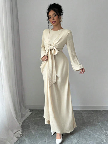 Round Neck Multi-Wear Cinched Waist A-Line Long Dress With Lantern Sleeves