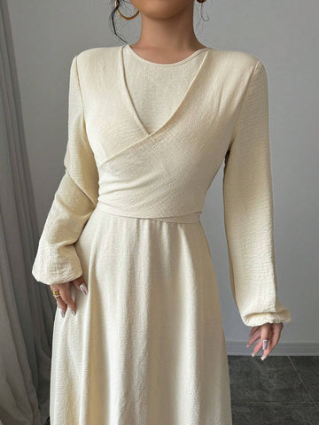 Round Neck Multi-Wear Cinched Waist A-Line Long Dress With Lantern Sleeves