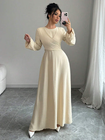 Round Neck Multi-Wear Cinched Waist A-Line Long Dress With Lantern Sleeves