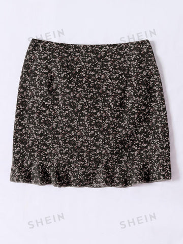 Privé Ruched Knot Ruffle Hem Ditsy Floral Skirt