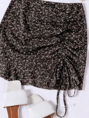 Privé Ruched Knot Ruffle Hem Ditsy Floral Skirt