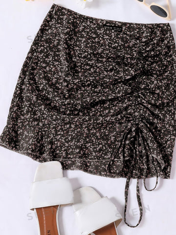 Privé Ruched Knot Ruffle Hem Ditsy Floral Skirt