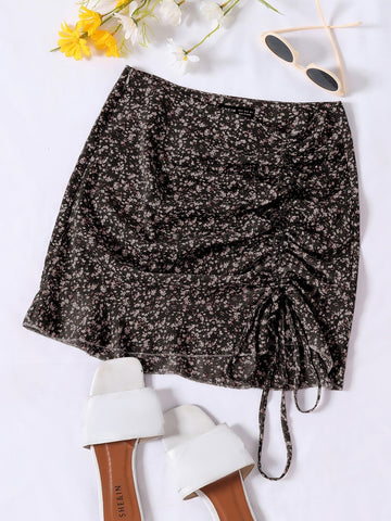 Privé Ruched Knot Ruffle Hem Ditsy Floral Skirt