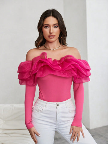 Ruffle Sleeve & Lace-Up Decoration Off Shoulder Slim Fit Bodysuit