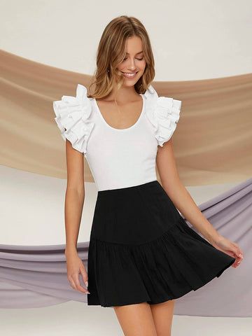 Ruffle Trim Scoop Neck Tee