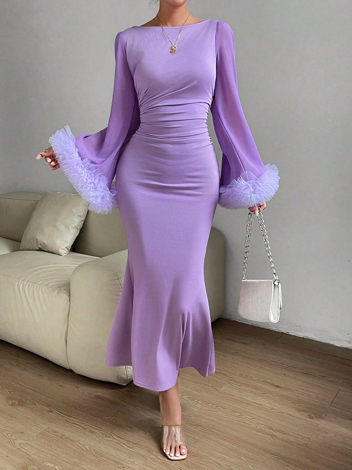 Ruffle Trim Trumpet Sleeve Mermaid Hem Dress