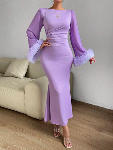 Ruffle Trim Trumpet Sleeve Mermaid Hem Dress
