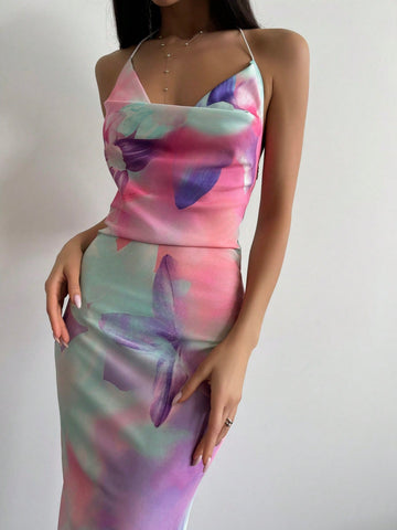 Privé Printed Turtleneck Backless Dress