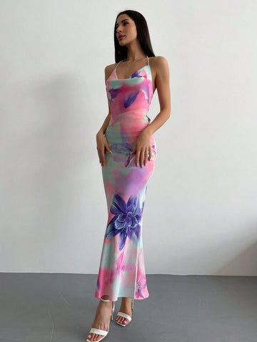 Privé Printed Turtleneck Backless Dress