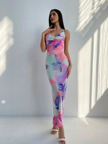 Privé Printed Turtleneck Backless Dress