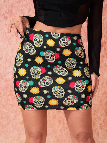 Day Of The Dead Women Elegant Skeleton Print Skirt For Day Of The Dead