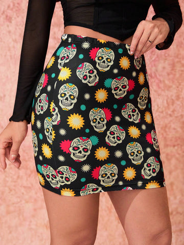 Day Of The Dead Women Elegant Skeleton Print Skirt For Day Of The Dead