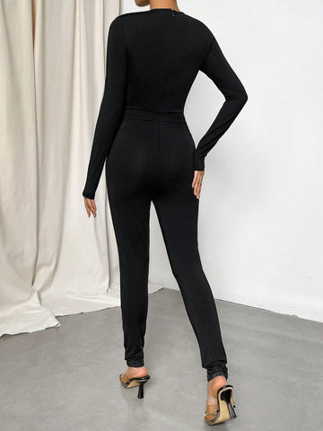 See-through Mesh Detail Women's Jumpsuit With High-waisted Design