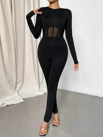 See-through Mesh Detail Women's Jumpsuit With High-waisted Design