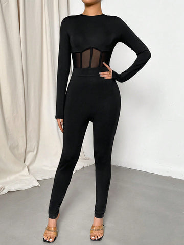 See-through Mesh Detail Women's Jumpsuit With High-waisted Design