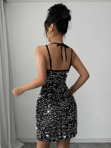 Sequin Patchwork Hollow Out Spaghetti Strap Elegant Sleeveless Dress