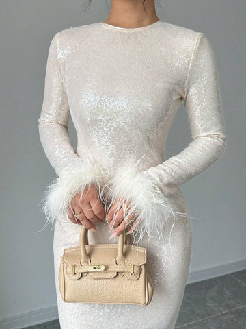 Sequin & Feather Decor Fitted Dress