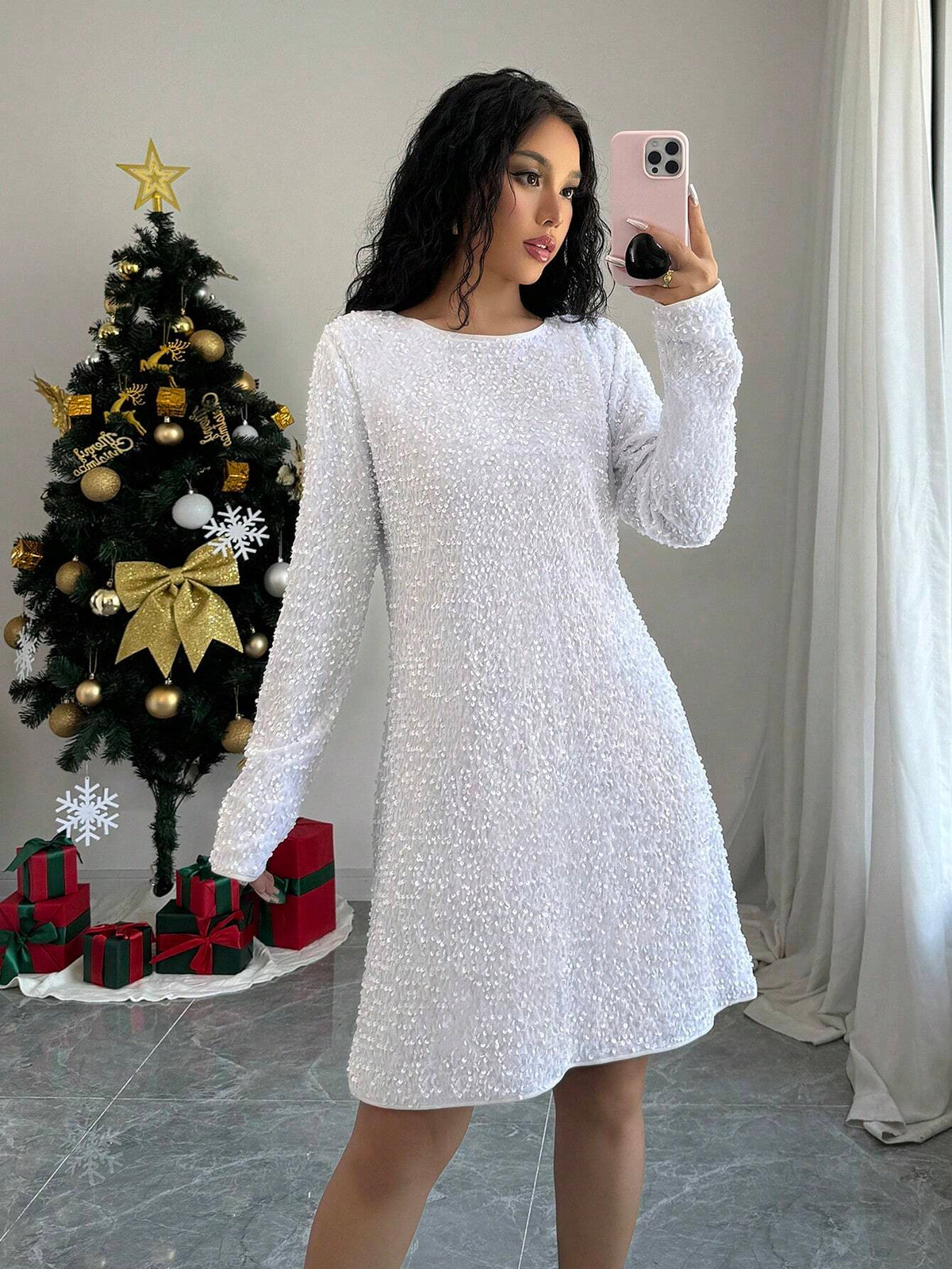 Sequined Contrast Color Tie Back Elegant Long Sleeve Dress