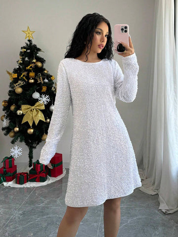 Sequined Contrast Color Tie Back Elegant Long Sleeve Dress